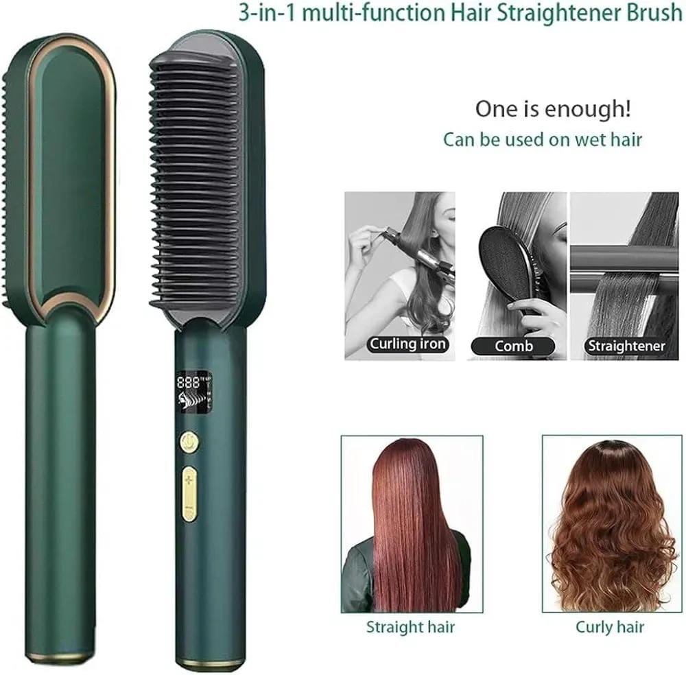 2-in-1 Hair Straightener Brush | Electric Hot Comb for Straight & Curly Hair | Fast Heating Hair Styling Brush